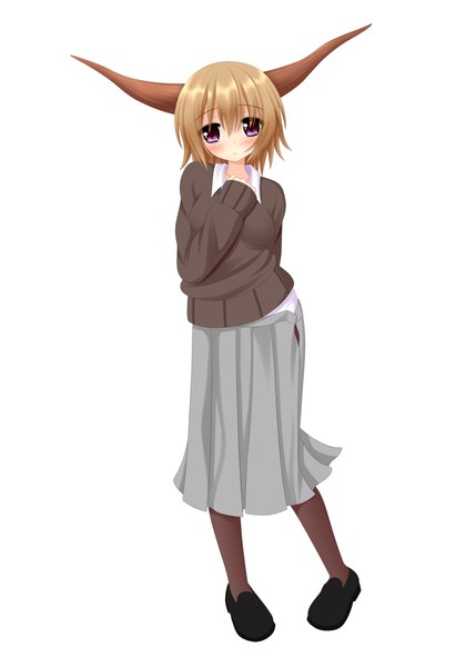 Anime picture 1072x1500 with touhou ibuki suika yoye (pastel white) single tall image looking at viewer blush short hair simple background brown hair white background purple eyes horn (horns) girl skirt sweater