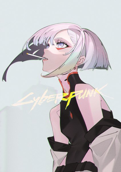 Anime picture 2480x3508 with cyberpunk edgerunners studio trigger lucy (cyberpunk) sannye single tall image highres short hair simple background silver hair upper body copyright name looking up silver eyes smoking girl cigarette