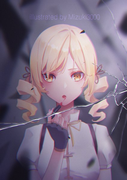 Anime picture 4961x7016 with mahou shoujo madoka magica shaft (studio) tomoe mami mizuki3000 single tall image fringe highres short hair blonde hair twintails holding signed yellow eyes absurdres upper body parted lips blurry lipstick drill hair