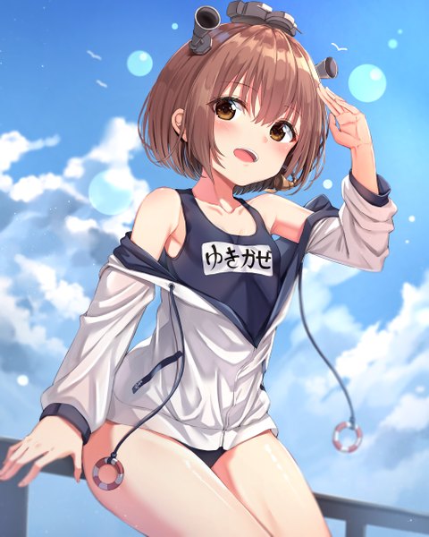 Anime picture 4000x5000 with kantai collection yukikaze destroyer xue lu single tall image looking at viewer blush fringe highres short hair open mouth light erotic smile hair between eyes brown hair brown eyes absurdres sky cloud (clouds) outdoors