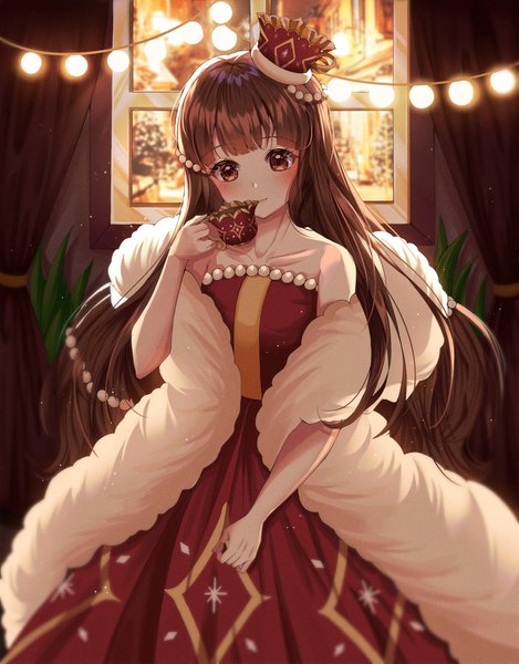 Anime picture 1646x2103 with cookie run yulha 06 single long hair tall image looking at viewer blush fringe brown hair standing bare shoulders holding brown eyes indoors blunt bangs head tilt light smile girl dress hair ornament