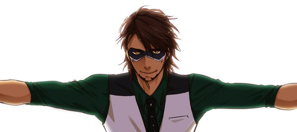 Anime picture 1800x800 with tiger & bunny sunrise (studio) kaburagi t. kotetsu mojebi single looking at viewer highres short hair simple background brown hair wide image white background light smile orange eyes spread arms boy necktie mask vest beard