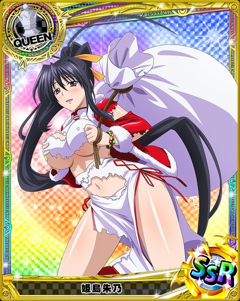 Anime picture 640x800 with highschool dxd himejima akeno single tall image looking at viewer blush breasts open mouth light erotic black hair purple eyes ponytail very long hair traditional clothes torn clothes christmas chinese clothes card (medium) girl navel