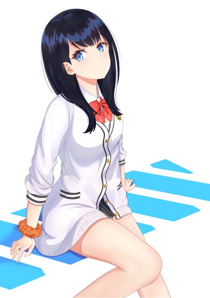 Anime picture 2894x4093 with gridman universe ssss.gridman studio trigger takarada rikka nokke o single long hair tall image looking at viewer fringe highres breasts blue eyes light erotic black hair simple background white background sitting bent knee (knees) blunt bangs