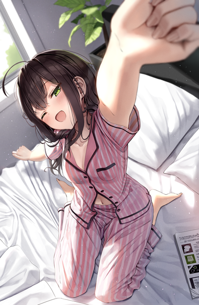Anime picture 900x1376 with original superpig (wlstjqdla) single long hair tall image looking at viewer blush fringe open mouth smile brown hair sitting green eyes ahoge indoors head tilt one eye closed barefoot arm up from above
