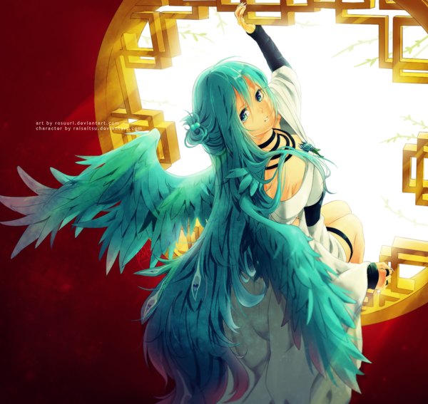 Anime picture 1300x1230 with vocaloid hatsune miku rosuuri single long hair looking at viewer open mouth blue eyes twintails looking back aqua eyes aqua hair girl animal wings window bird (birds) feather (feathers)