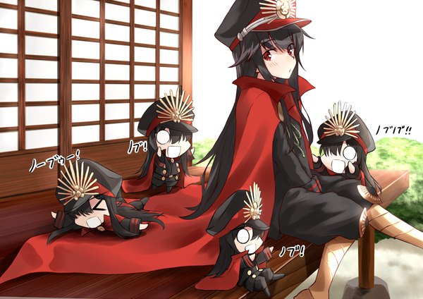 Anime picture 1800x1272 with fate (series) fate/grand order koha-ace oda nobunaga (fate) (all) oda nobunaga (fate) shunichi long hair looking at viewer blush fringe highres open mouth black hair hair between eyes red eyes standing sitting payot ahoge bent knee (knees)