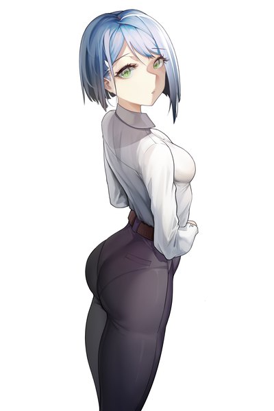 Anime picture 3780x5669 with darling in the franxx studio trigger ichigo (darling in the franxx) weixiaoren single tall image looking at viewer fringe highres short hair breasts light erotic simple background standing white background green eyes blue hair absurdres ass parted lips