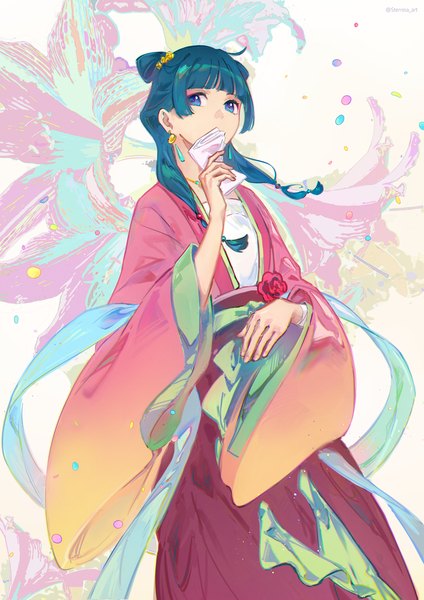 Anime picture 1240x1754 with kusuriya no hitorigoto maomao (kusuriya no hitorigoto) breica single long hair tall image looking at viewer fringe blue eyes payot blunt bangs traditional clothes aqua hair chinese clothes covered mouth floral background girl earrings