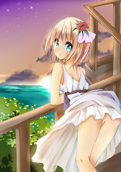 Anime picture 1235x1748 with original kiiharu (artist) single tall image blush short hair blue eyes light erotic blonde hair bare shoulders looking away sky ass looking back hair flower evening sunset girl dress hair ornament