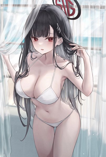 Anime-Bild 1181x1748 mit blue archive rio (blue archive) at congju single long hair tall image looking at viewer blush fringe breasts open mouth light erotic black hair red eyes large breasts standing blunt bangs nail polish fingernails arms up