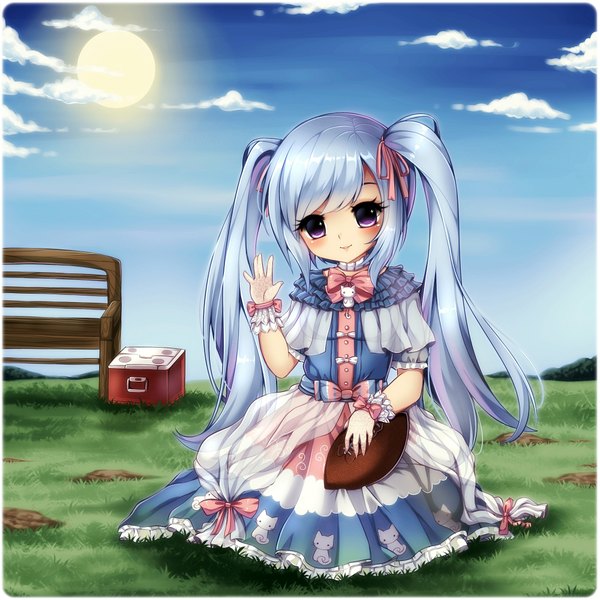Anime picture 2000x2002 with midna01 single long hair tall image blush fringe highres smile purple eyes blue hair sky cloud (clouds) girl dress ribbon (ribbons) plant (plants) hair ribbon grass sun
