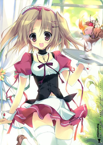 Anime picture 4989x7000 with original karory single long hair tall image looking at viewer blush highres open mouth light erotic blonde hair purple eyes absurdres scan official art maid calendar 2014 girl thighhighs dress