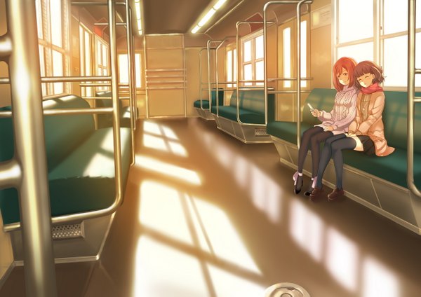 Anime picture 1209x855 with original yayoi1986 fringe short hair smile brown hair sitting multiple girls pink hair bent knee (knees) pleated skirt sunlight open clothes open jacket sleeping sunbeam train interior girl thighhighs skirt