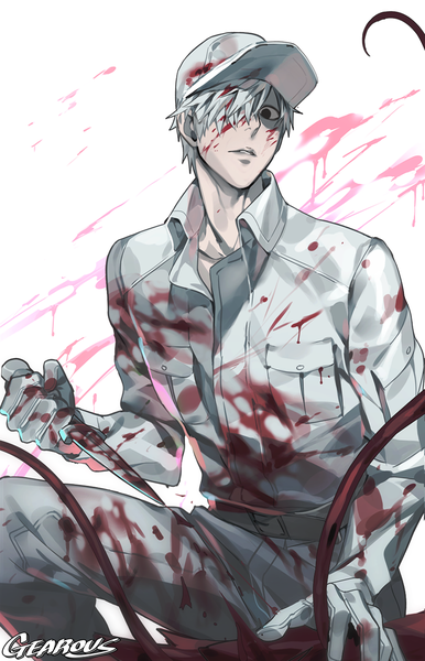 Anime picture 896x1392 with hataraku saibou david production white blood cell (hataraku saibou) u-1146 gearous single tall image looking at viewer fringe short hair white background signed white hair black eyes hair over one eye blood on face bloody clothes boy blood knife