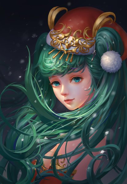 Anime picture 640x928 with vocaloid hatsune miku aaeru single tall image looking at viewer fringe blue eyes twintails very long hair aqua hair portrait snowing dark background girl hat santa claus hat