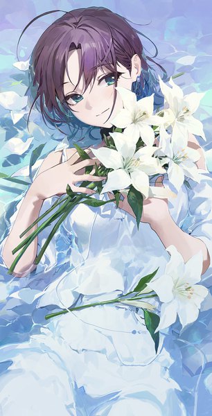 Anime picture 1000x1958 with idolmaster idolmaster shiny colors asakura tooru modare single tall image looking at viewer blush fringe short hair blue eyes hair between eyes brown hair ahoge lying from above light smile on back partially submerged girl