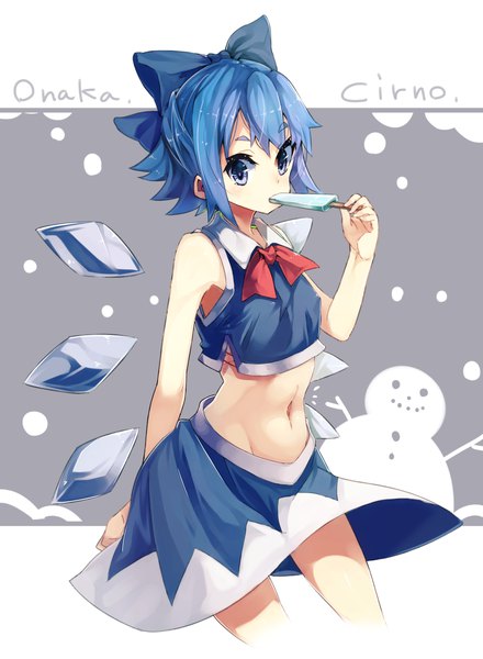 Anime picture 1522x2077 with touhou cirno kasuka (kusuki) single tall image looking at viewer short hair blue eyes light erotic blue hair bare belly sleeveless character names covered nipples eating adapted costume girl skirt navel bow