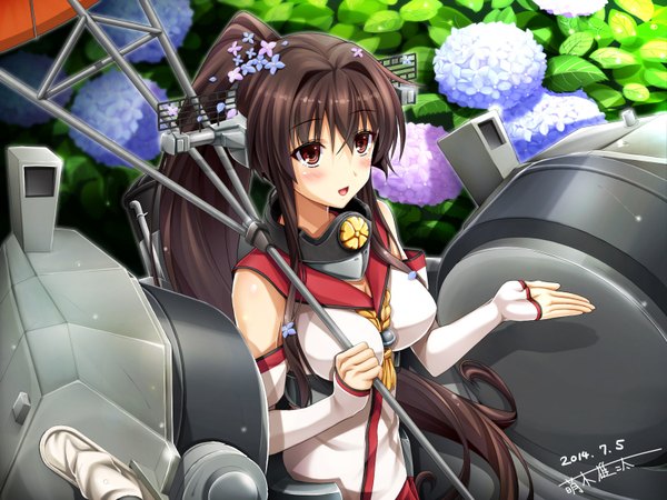 Anime picture 1600x1200 with kantai collection yamato super battleship moeki yuuta single long hair blush open mouth black hair red eyes looking away ponytail hair flower girl hair ornament flower (flowers) weapon detached sleeves