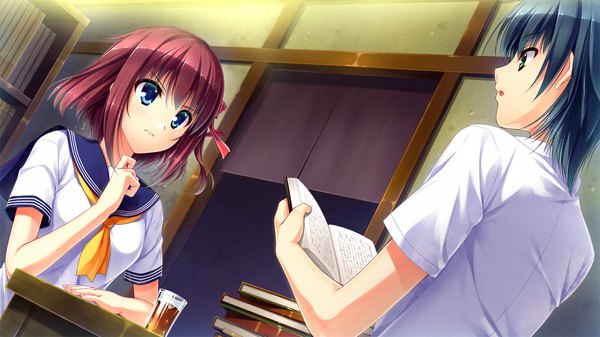 Anime picture 1280x720 with suika niritsu (game) short hair blue eyes black hair wide image green eyes game cg red hair girl boy serafuku