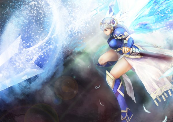 Anime picture 1754x1240 with valkyrie profile lenneth yaoya musuko single long hair highres blue eyes silver hair girl weapon sword wings boots armor