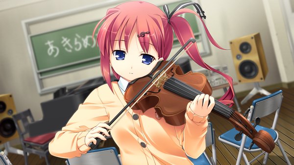 Anime picture 2560x1440 with shunki gentei poco a poco nonomiya ai takoyaki (roast) long hair highres blue eyes wide image game cg red hair side ponytail girl uniform school uniform violin bow (instrument)