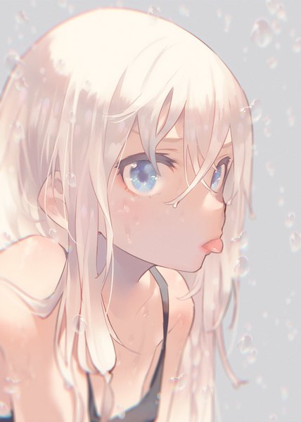 Anime picture 849x1189 with original narumi arata single long hair tall image looking at viewer blush fringe blue eyes simple background blonde hair hair between eyes bare shoulders upper body grey background wet girl tongue water drop camisole