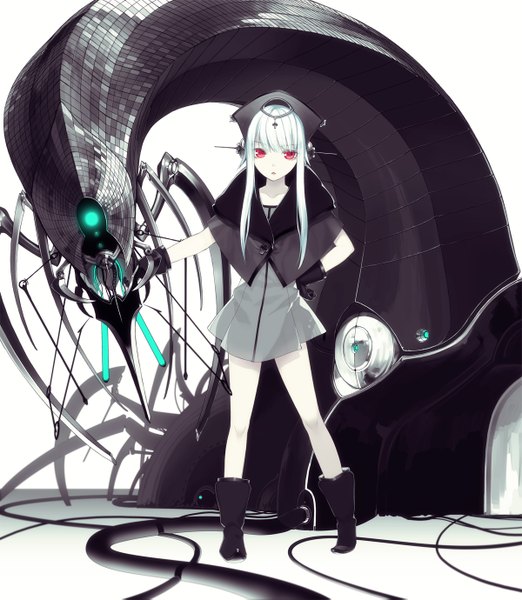 Anime picture 1200x1379 with original kimura daisuke long hair tall image white background full body white hair pink eyes girl dress gloves hat shoes headphones insect cross wire (wires) mecha