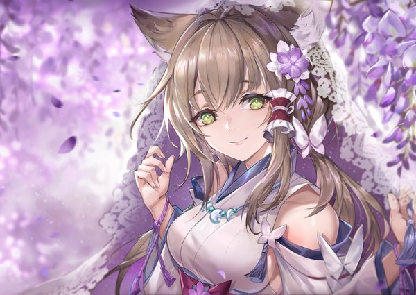 Anime picture 1748x1239 with original samu (a117216) single long hair looking at viewer fringe highres breasts light erotic hair between eyes brown hair twintails bare shoulders green eyes animal ears payot upper body traditional clothes japanese clothes hair flower