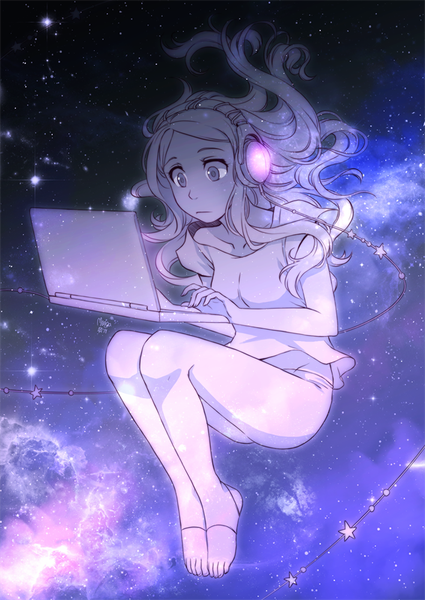 Anime picture 709x1001 with original meago (artist) single long hair tall image breasts barefoot glowing internet girl headphones star (symbol) star (stars) toes laptop