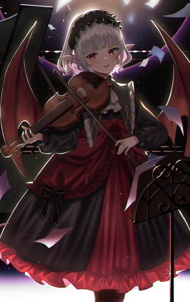 Anime picture 2700x4299 with original amahara subaru single tall image looking at viewer blush fringe highres short hair open mouth smile red eyes standing holding silver hair blunt bangs long sleeves head tilt pointy ears shaded face