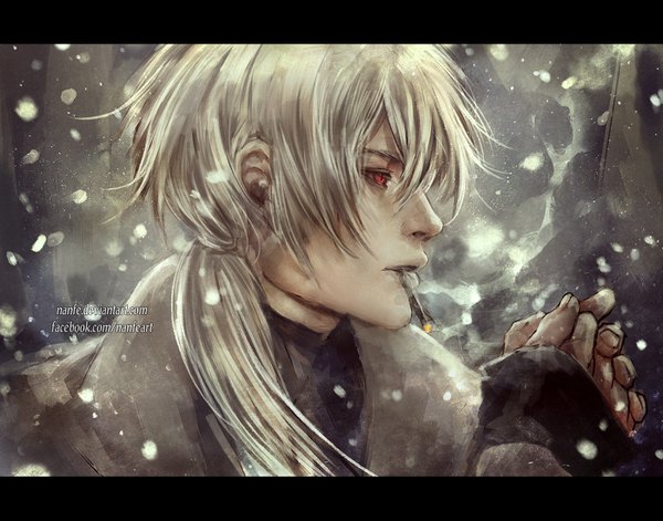 Anime picture 1400x1100 with mystic messenger zen (mystic messenger) nanfe single long hair fringe hair between eyes red eyes holding signed looking away profile arm up fingernails lips grey hair mouth hold portrait snowing letterboxed