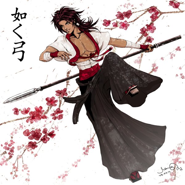 Anime picture 1080x1080 with hakuouki shinsengumi kitan studio deen sanosuke harada vlastika single long hair simple background brown hair brown eyes signed ponytail japanese clothes cherry blossoms hieroglyph muscle boy flower (flowers) weapon bandage (bandages) spear