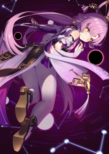 Anime picture 1414x2000 with honkai: star rail honkai (series) fu xuan (honkai: star rail) meda single long hair tall image looking at viewer blush light erotic twintails bare shoulders yellow eyes pink hair from behind low twintails dark background body blush hair rings forehead mark
