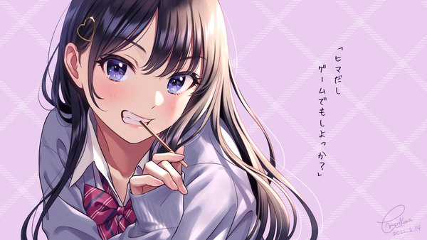 Anime picture 1920x1080 with original morikura en single long hair looking at viewer blush highres black hair wide image purple eyes signed upper body long sleeves text dated sleeves past wrists valentine purple background clenched teeth girl