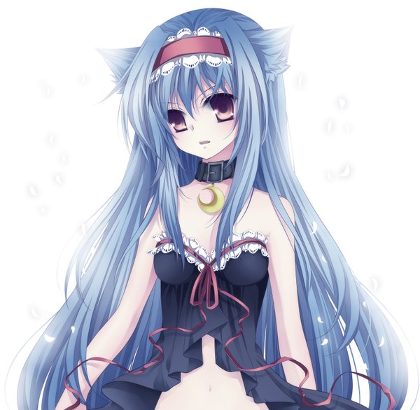 Anime picture 1500x1466 with mikazuki sara long hair white background bare shoulders brown eyes animal ears blue hair sleeveless crescent girl navel ribbon (ribbons) petals hairband collar