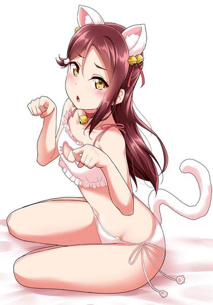 Anime picture 853x1222 with love live! sunshine!! sunrise (studio) love live! sakurauchi riko yopparai oni single long hair tall image looking at viewer blush open mouth light erotic white background sitting animal ears yellow eyes red hair tail animal tail cat ears