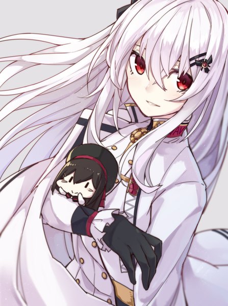 Anime picture 671x900 with girls frontline iws-2000 (girls frontline) mag (mag42) single long hair tall image looking at viewer fringe simple background hair between eyes red eyes standing holding upper body white hair light smile grey background floating hair clothes writing girl