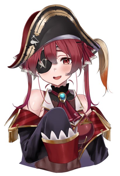Anime picture 1410x2065 with virtual youtuber hololive houshou marine houshou marine (1st costume) shin ilst single long hair tall image looking at viewer blush fringe open mouth simple background hair between eyes red eyes white background twintails upper body red hair long sleeves