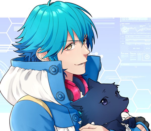 Anime picture 885x768 with dramatical murder nitro+chiral aoba (dmmd) ren (dmmd) kuwa ayase single long hair looking at viewer fringe open mouth hair between eyes holding yellow eyes aqua hair headphones around neck boy animal jacket headphones dog