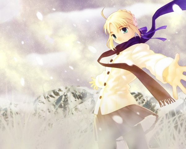Anime picture 1280x1024 with fate (series) fate/stay night studio deen type-moon artoria pendragon (all) saber takeuchi takashi single looking at viewer short hair blue eyes blonde hair ahoge braid (braids) snowing spread arms winter mountain girl skirt