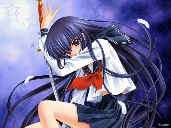 Anime picture 1600x1200 with highres uniform school uniform sword katana feather (feathers)