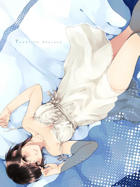 Anime picture 800x1067 with original katase waka single tall image looking at viewer blush short hair black hair brown eyes lying upside down girl dress sundress