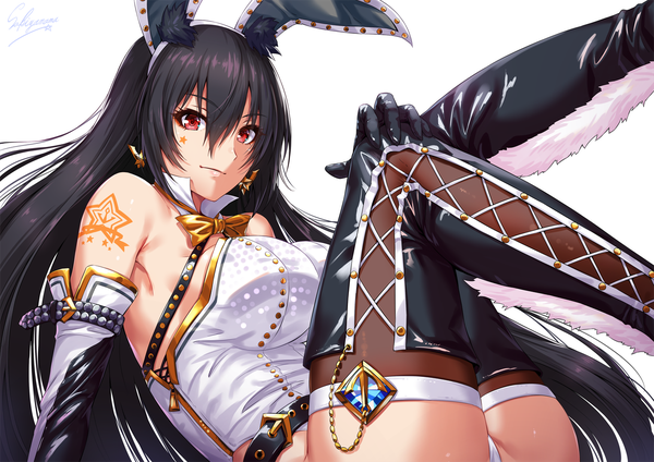 Anime picture 1414x1000 with kantai collection nagato battleship sakiyamama single long hair looking at viewer fringe breasts light erotic black hair simple background hair between eyes red eyes large breasts white background bare shoulders signed animal ears lying light smile