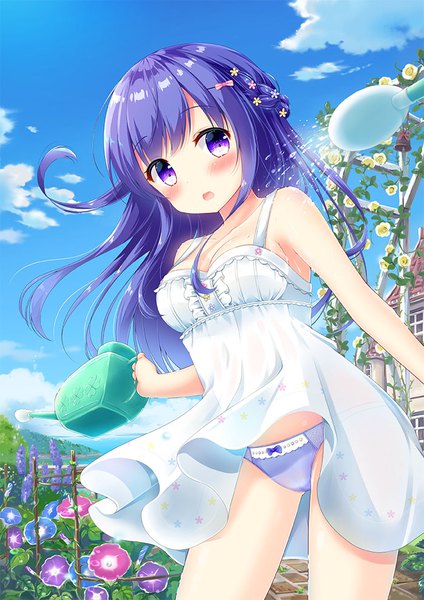 Anime picture 700x990 with original user dfpn4742 single long hair tall image looking at viewer blush fringe breasts open mouth light erotic standing purple eyes bare shoulders holding payot sky purple hair cloud (clouds) outdoors