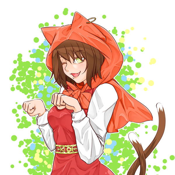 Anime picture 2000x2000 with little red riding hood touhou chen butakimu single highres short hair breasts open mouth simple background smile brown hair yellow eyes tail long sleeves animal tail one eye closed wink cat girl cat tail