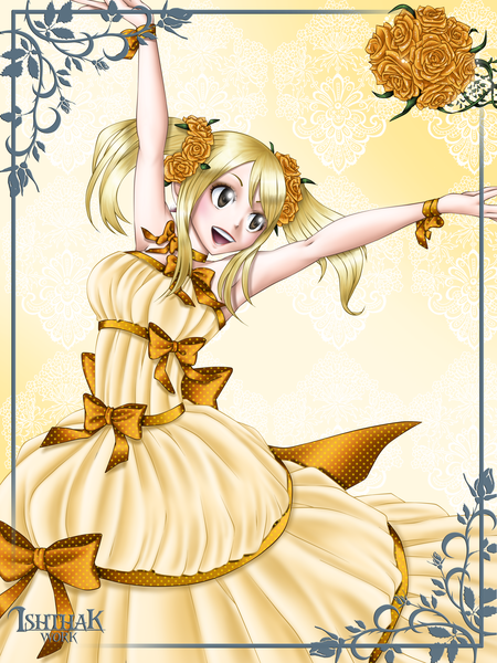 Anime picture 3500x4664 with fairy tail lucy heartfilia ishthak single tall image highres open mouth blonde hair smile twintails brown eyes absurdres armpit (armpits) coloring yellow background girl dress flower (flowers)