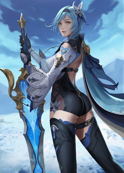 Anime picture 1250x1750 with genshin impact eula lawrence nibelart single tall image looking at viewer fringe short hair breasts large breasts standing holding brown eyes signed blue hair sky cloud (clouds) outdoors ass light smile