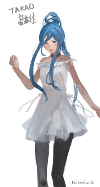 Anime picture 761x1416 with aoki hagane no arpeggio takao (aoki hagane no arpeggio) november (jeanex) single long hair tall image looking at viewer blush blue eyes simple background hair between eyes white background signed blue hair ponytail character names sketch girl dress pantyhose