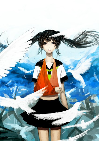 Anime picture 775x1097 with original tomal single long hair tall image looking at viewer fringe open mouth black hair standing twintails black eyes bare belly girl skirt navel uniform animal serafuku bird (birds)